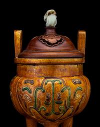 A Pair of Chinese Sancai Glazed Porcelain Tripod Ding Vessels