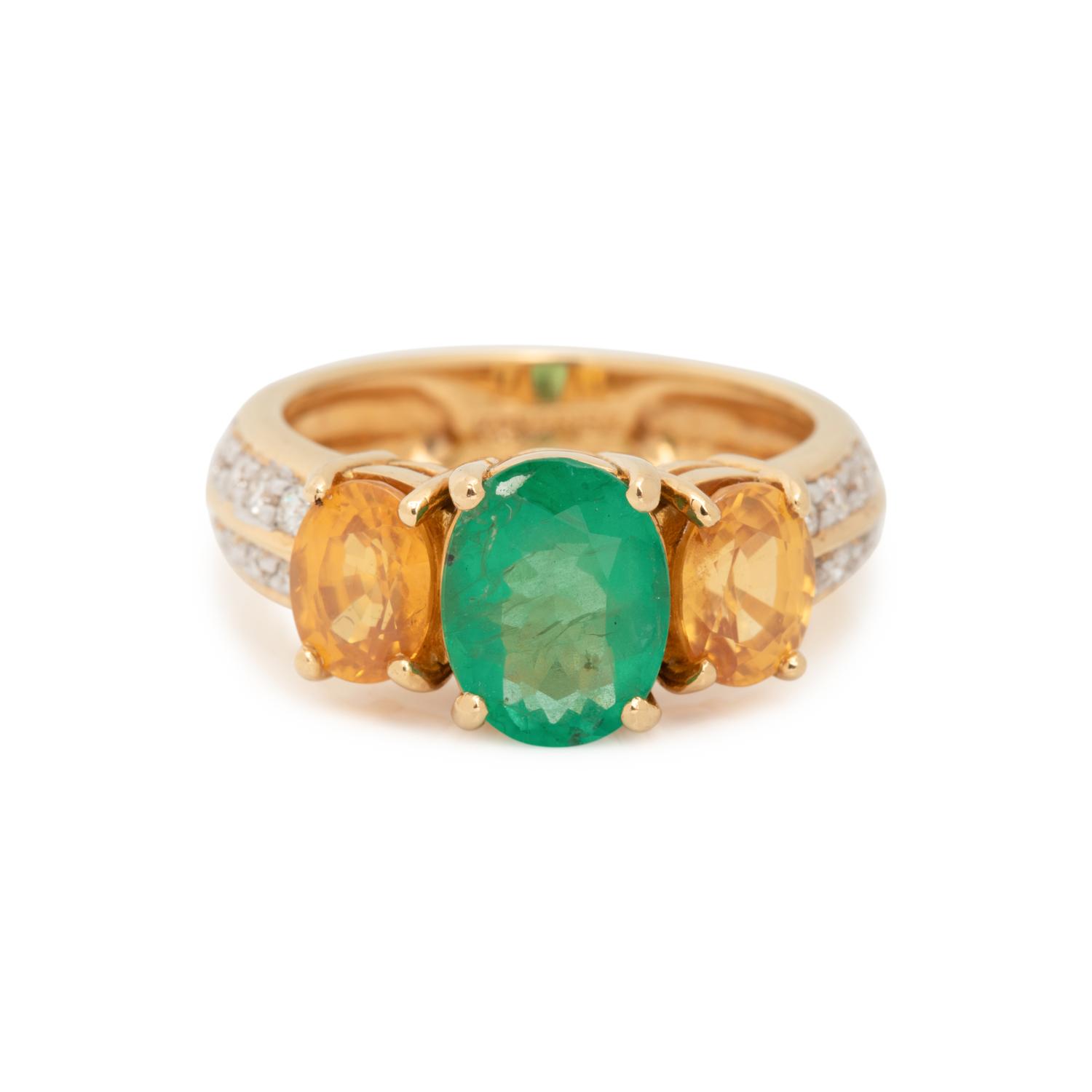 EMERALD, YELLOW SAPPHIRE AND DIAMOND RING