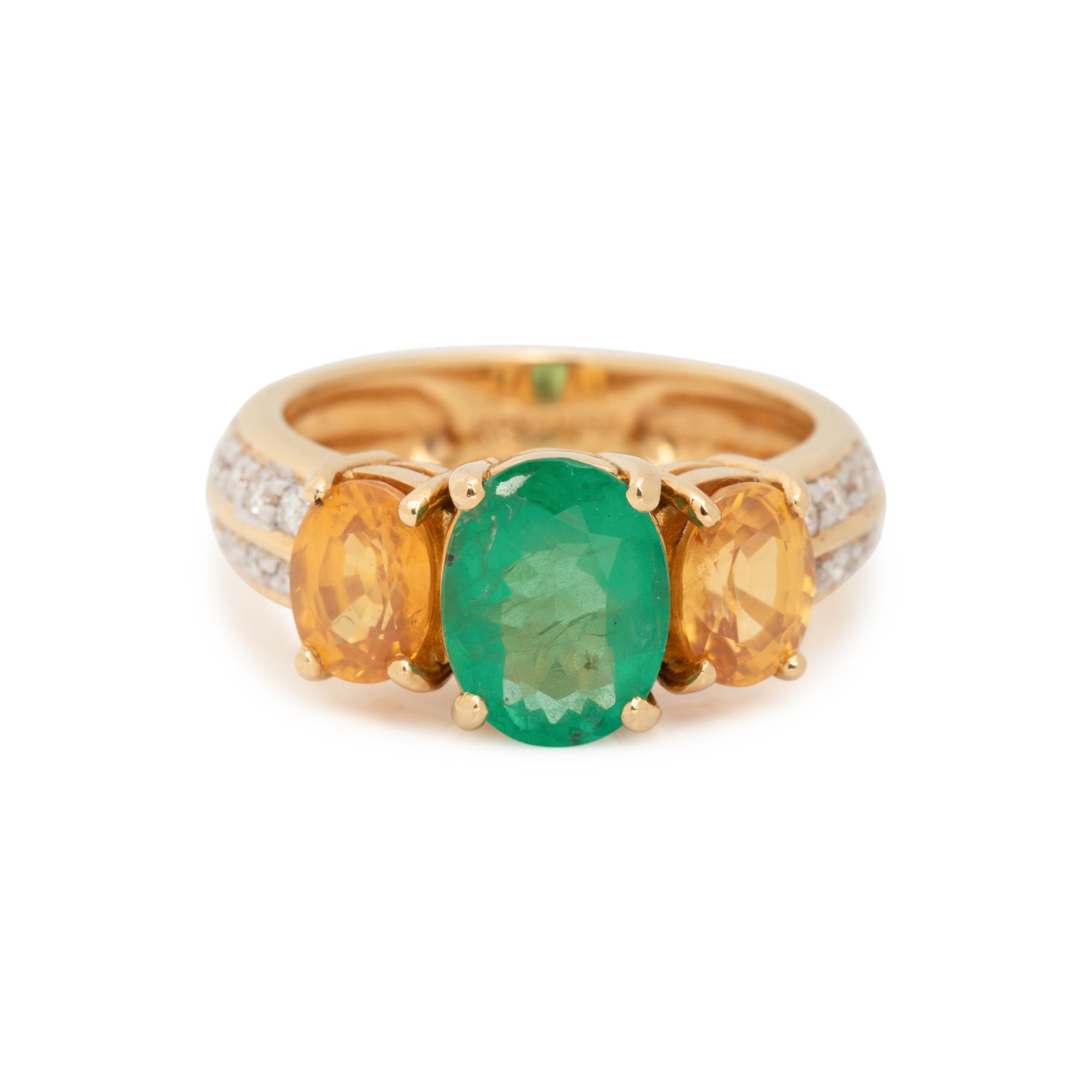 EMERALD, YELLOW SAPPHIRE AND DIAMOND RING