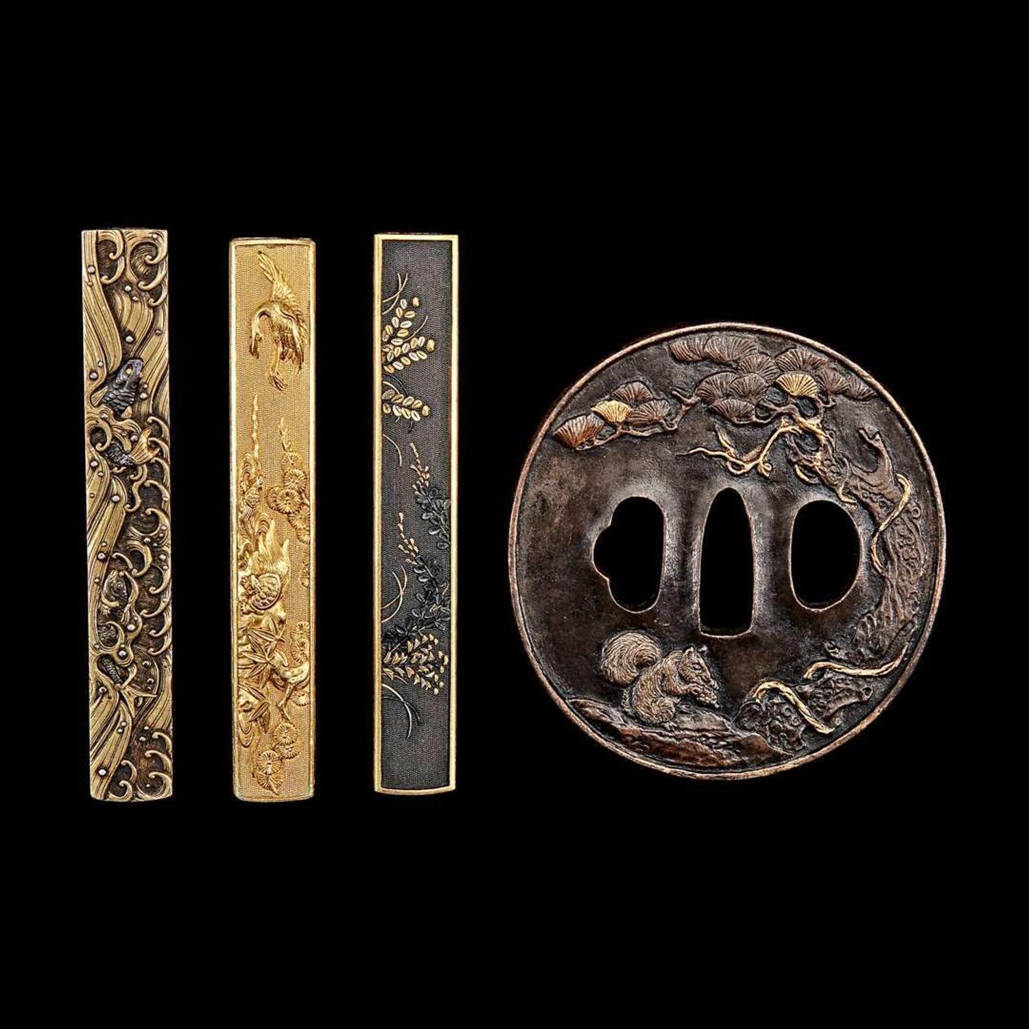 Three Japanese signed kozuka handles and a "Squirrel, Grapes and Pine" tsuba 日本带签名小柄三件和”松鼠，葡萄和松树“刀镡一件 19th-20th century???????
