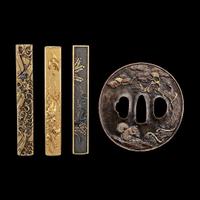 Three Japanese signed kozuka handles and a "Squirrel, Grapes and Pine" tsuba 日本带签名小柄三件和”松鼠，葡萄和松树“刀镡一件 19th-20th century???????