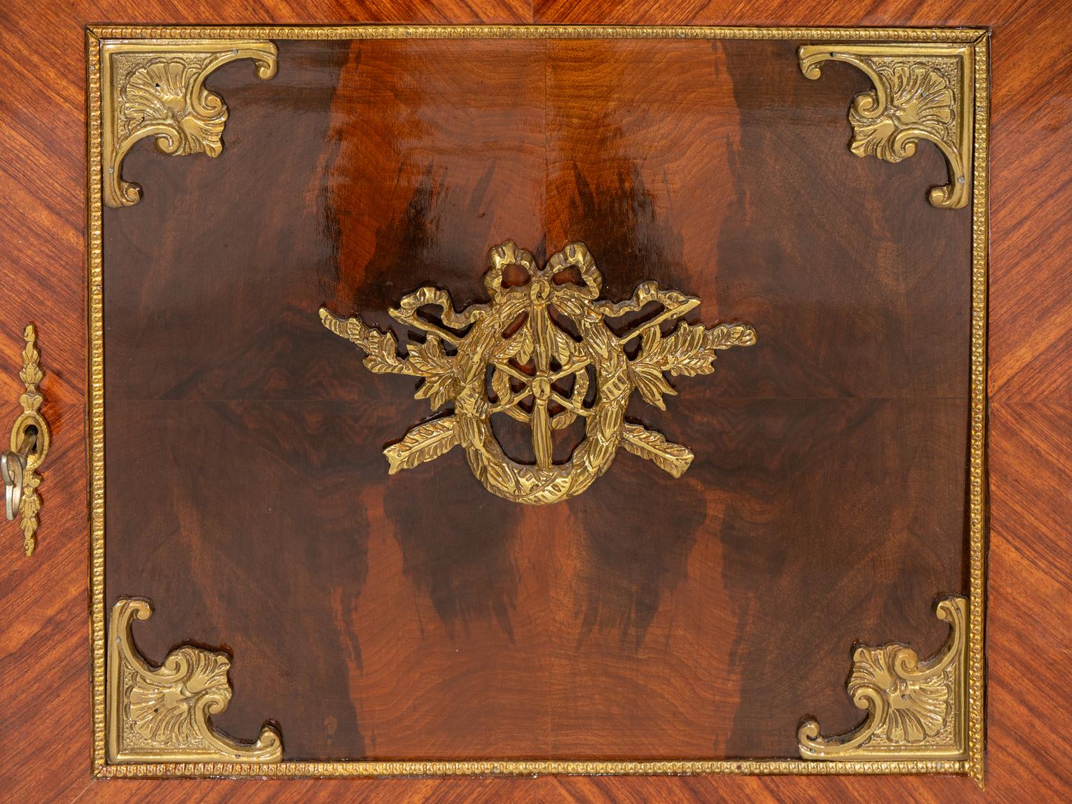 A Pair of French Empire Style Beside Cabinets with Verde Indio Marble Tops
