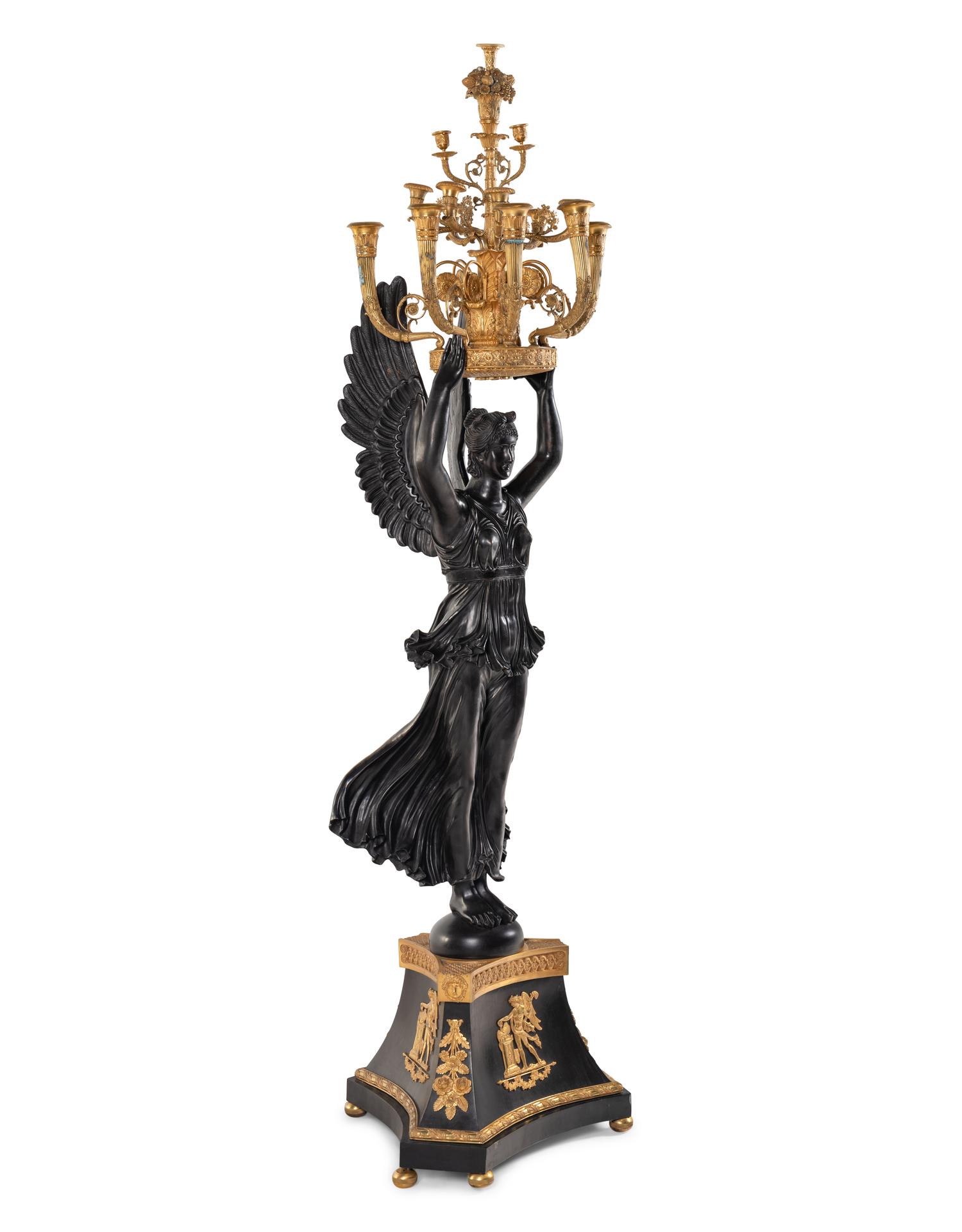 A Monumental Empire Style Gilt and Patinated Bronze Figural Torchère