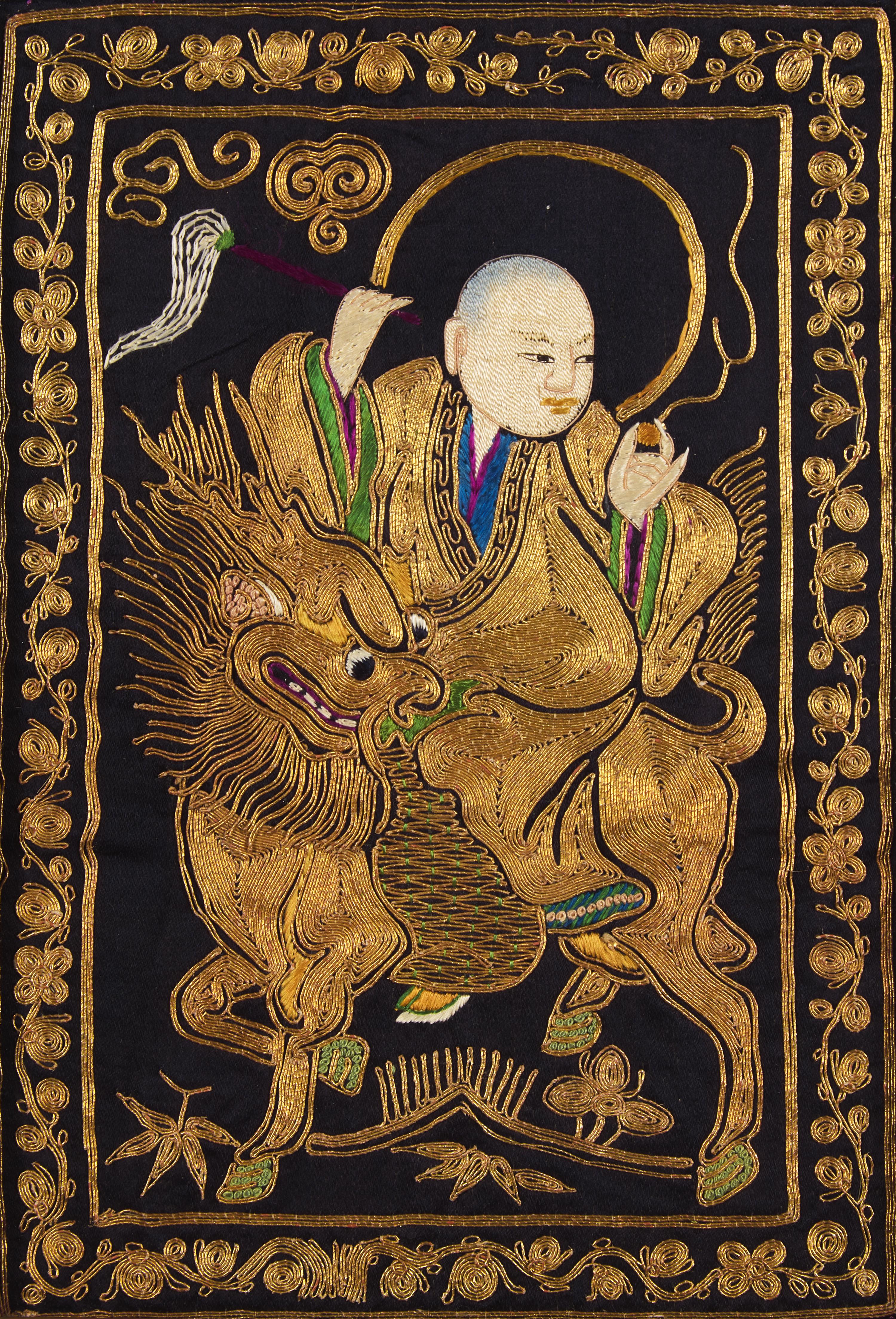 A Set of Four Chinese "Luohan" Needlework Panels, Guangxu Period 清光緒 金絲繡羅漢圖一組四件