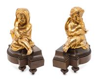 A Pair of French Gilt and Patinated Bronze Figural Chenets