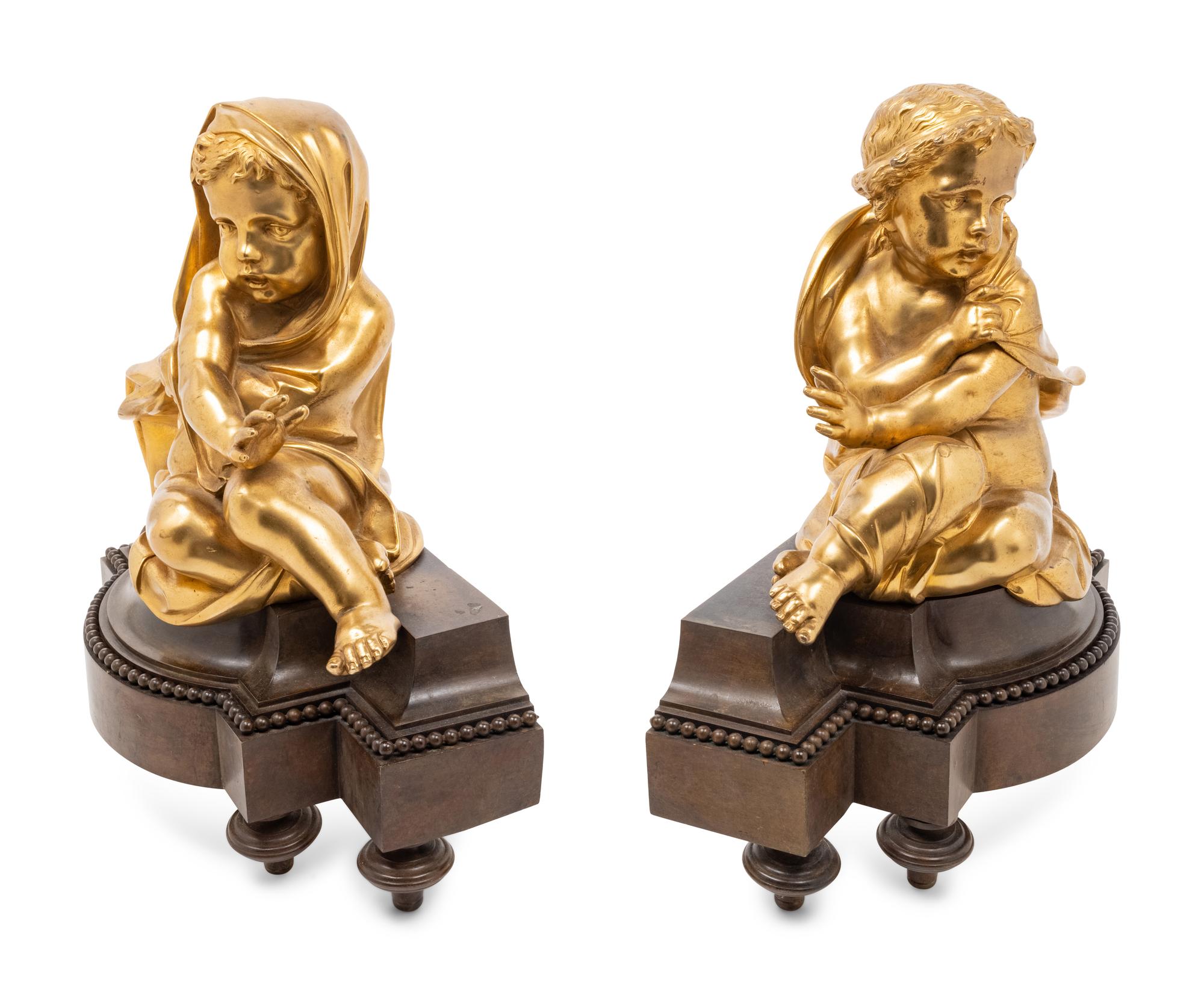 A Pair of French Gilt and Patinated Bronze Figural Chenets
