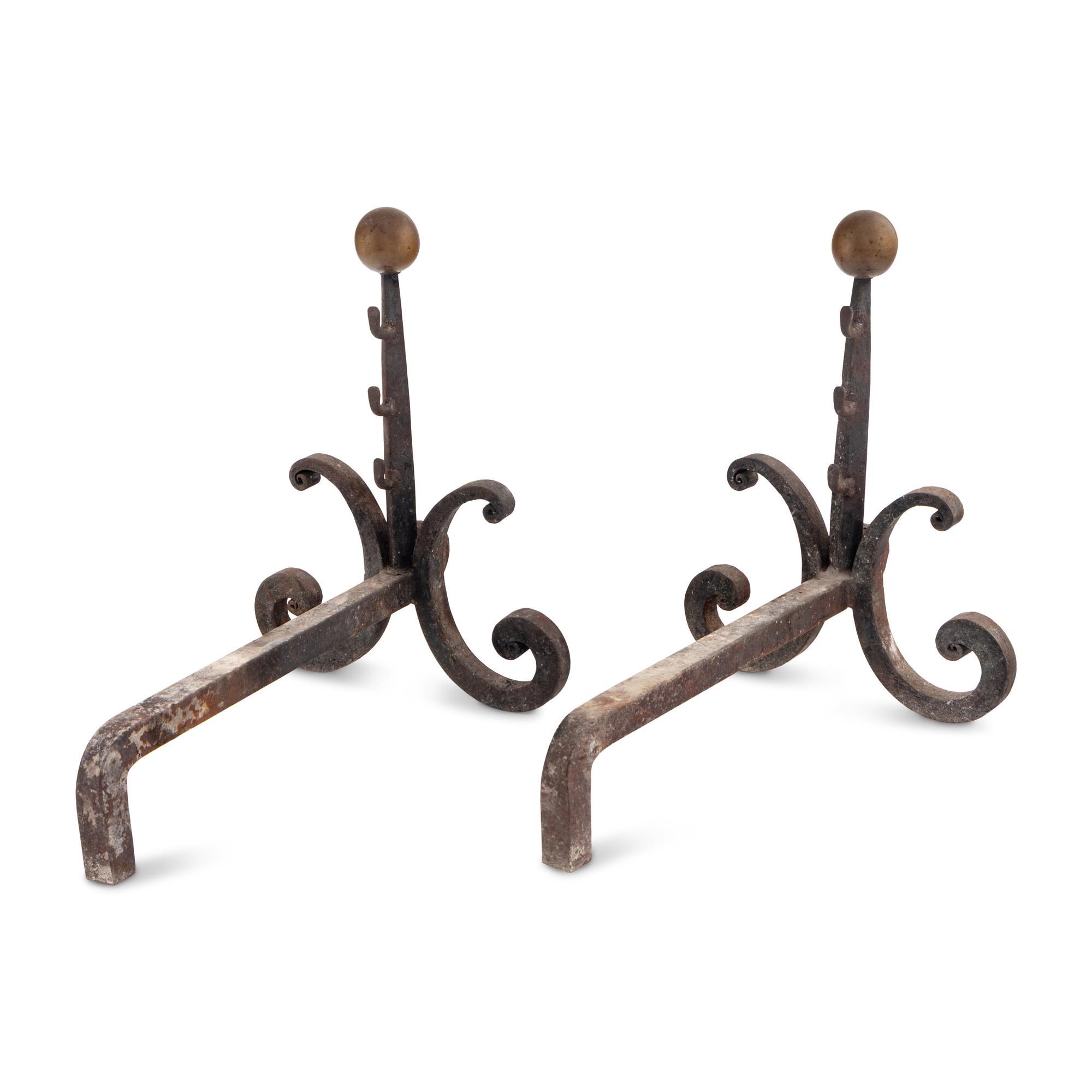 A Pair of French Iron and Bronze Andirons