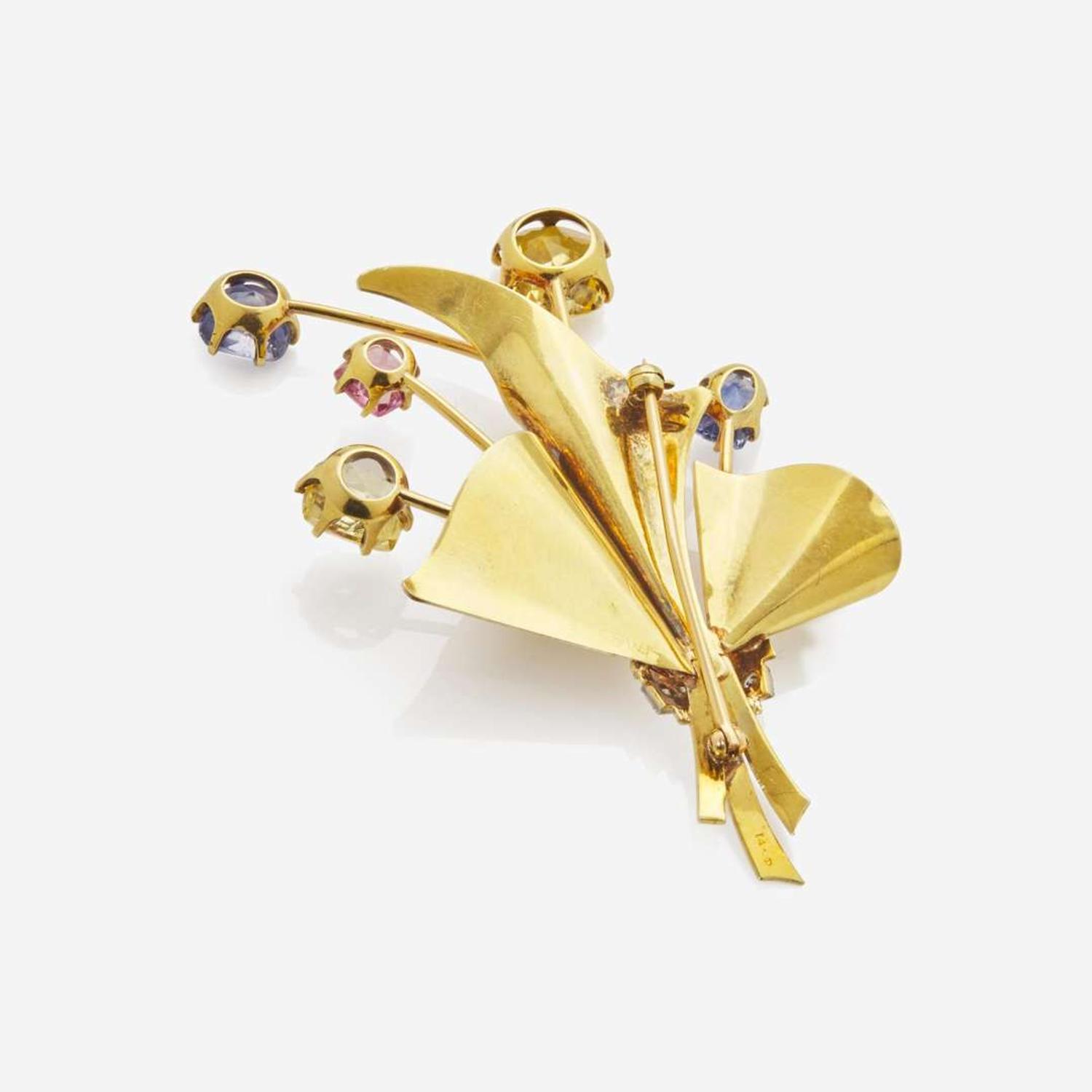 A Sapphire, Diamond, Pink Spinel, and 14K Gold Brooch