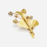 A Sapphire, Diamond, Pink Spinel, and 14K Gold Brooch