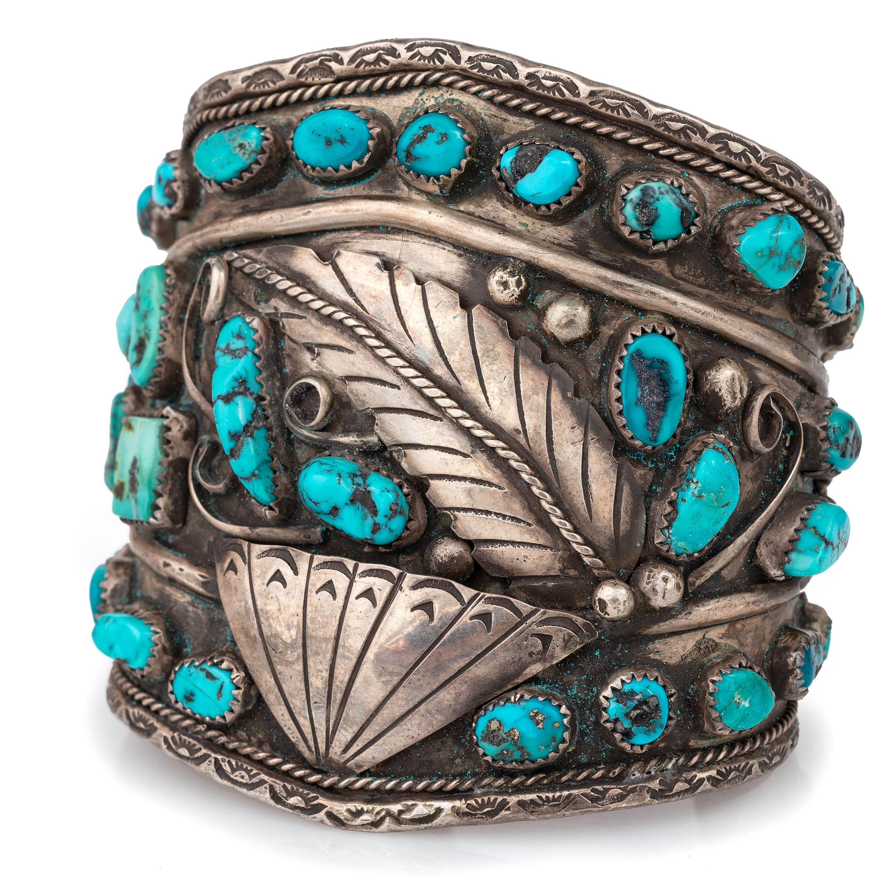 Wide Navajo Silver and Turquoise Cuff Bracelet