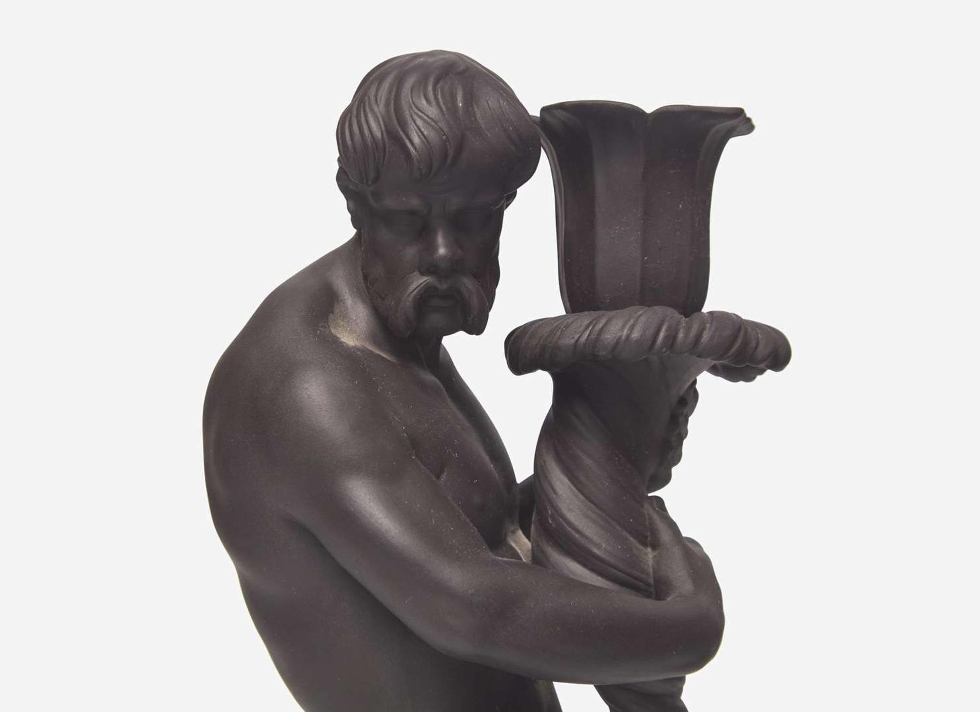 A Pair of Wedgwood Black Basalt Triton Figural Candlesticks, UK, 1973