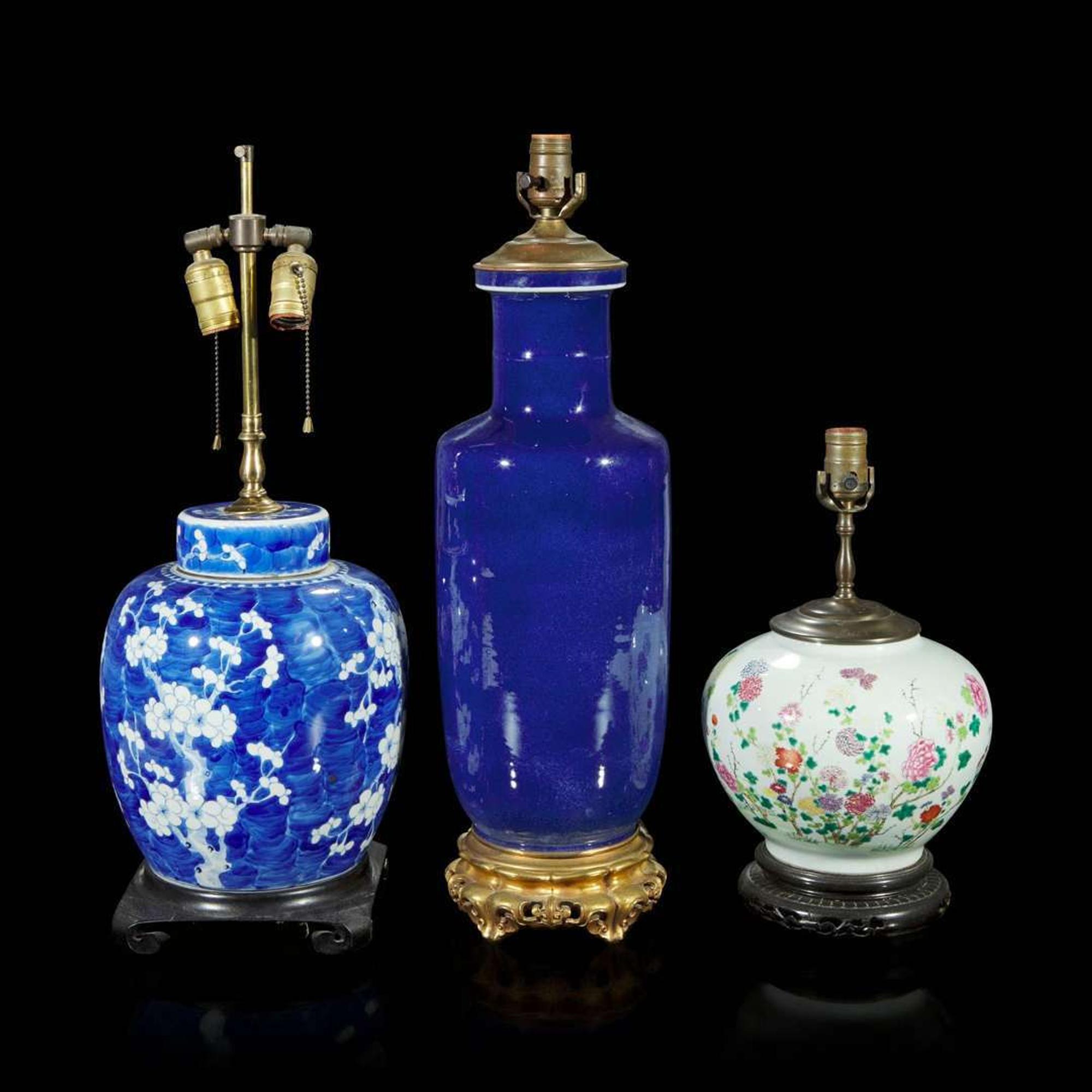 Three Chinese porcelain vases mounted as lamps 瓷瓶嵌台灯三件