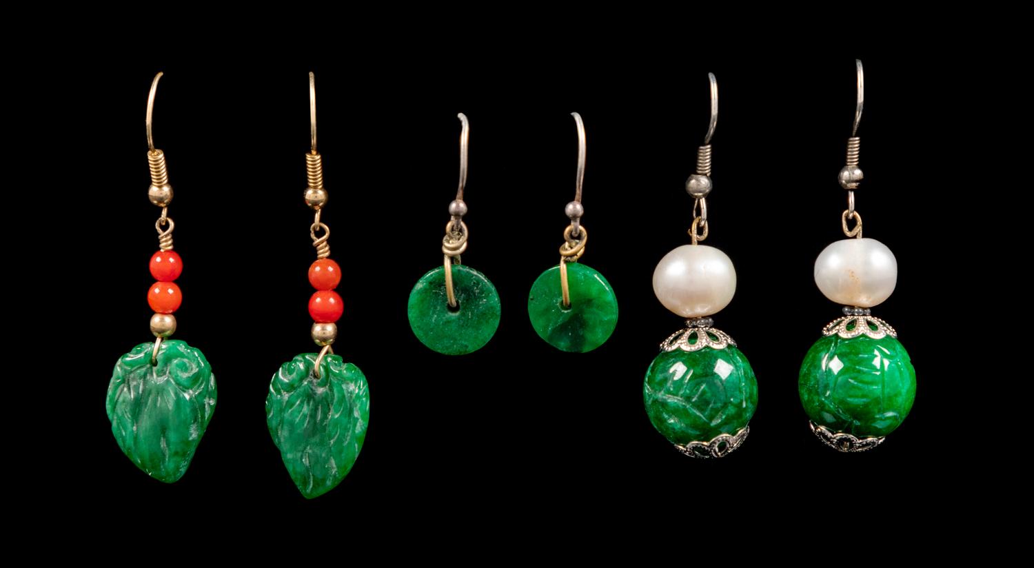 Three Pairs of Chinese Spinach Jade Earrings