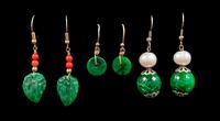 Three Pairs of Chinese Spinach Jade Earrings
