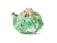 An English Majolica Rabbit and Cabbage-Form Butter Dish