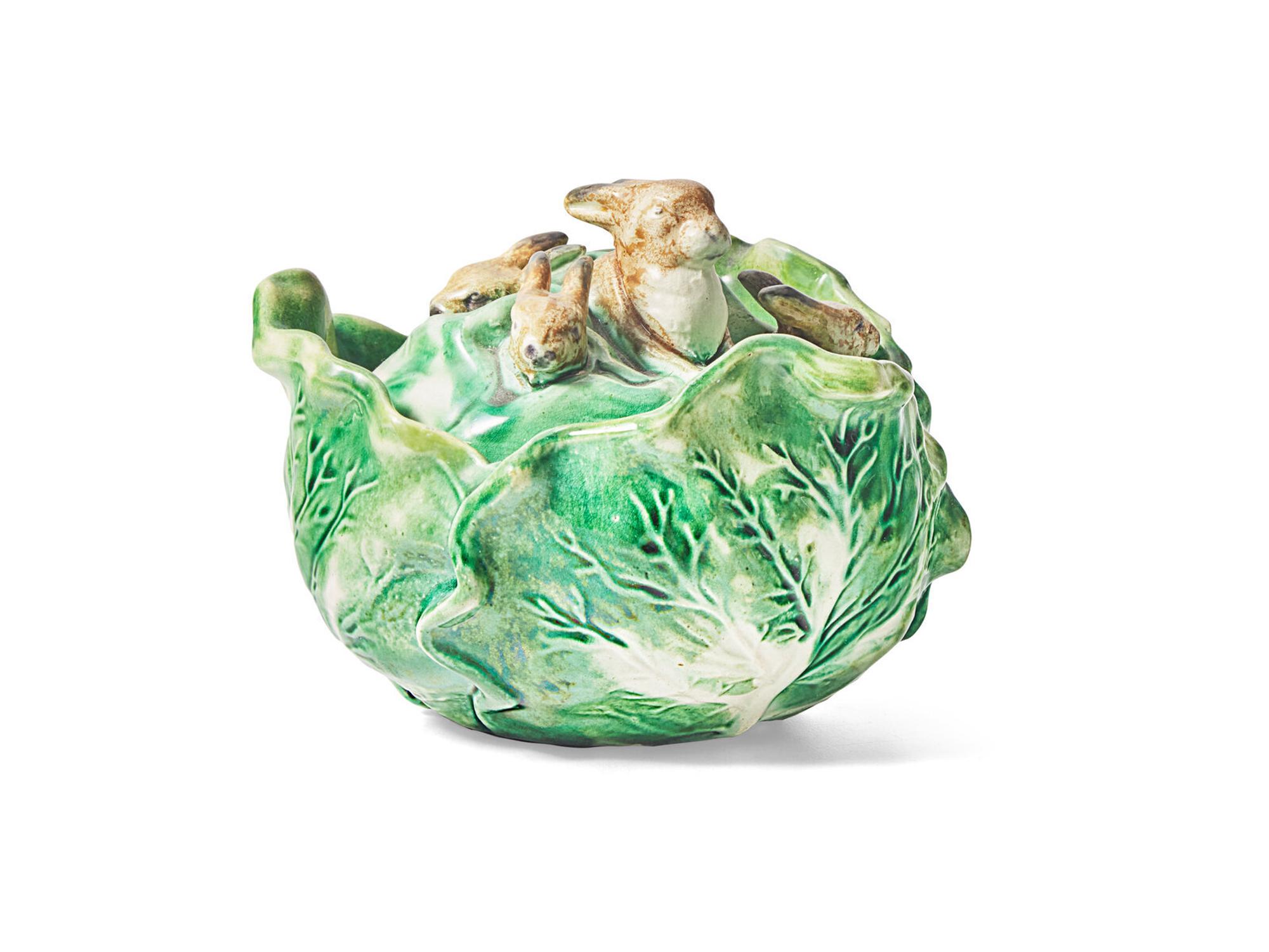 An English Majolica Rabbit and Cabbage-Form Butter Dish