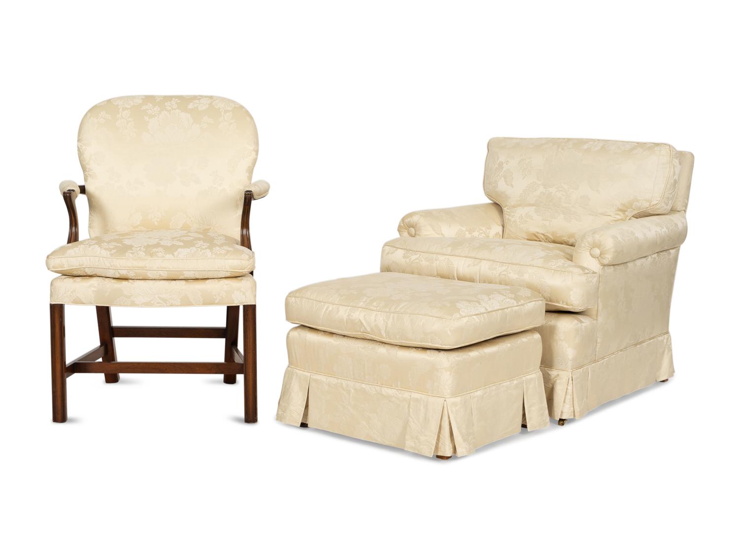 A Cream Silk-Upholstered Three-Piece Seating Suite