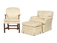 A Cream Silk-Upholstered Three-Piece Seating Suite