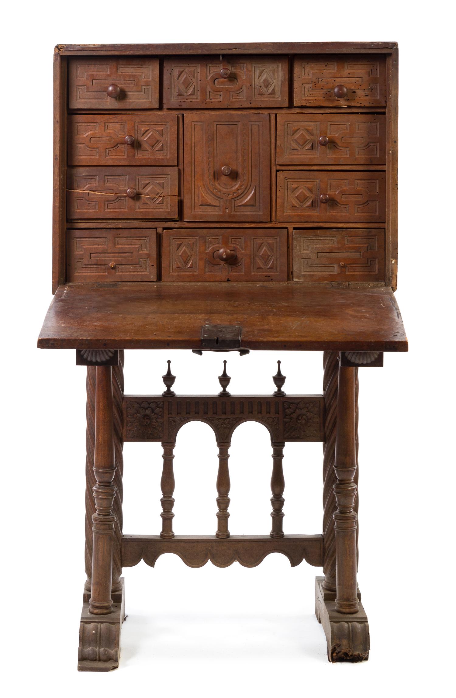 A Spanish Walnut Vargueno Height 46 1/2 x width 32 x depth 25 3/4 inches. — 19TH CENTURY