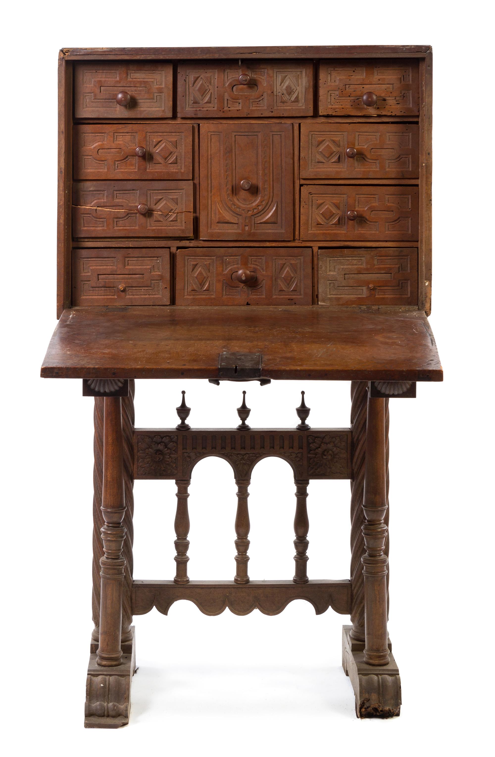 A Spanish Walnut Vargueno Height 46 1/2 x width 32 x depth 25 3/4 inches. — 19TH CENTURY