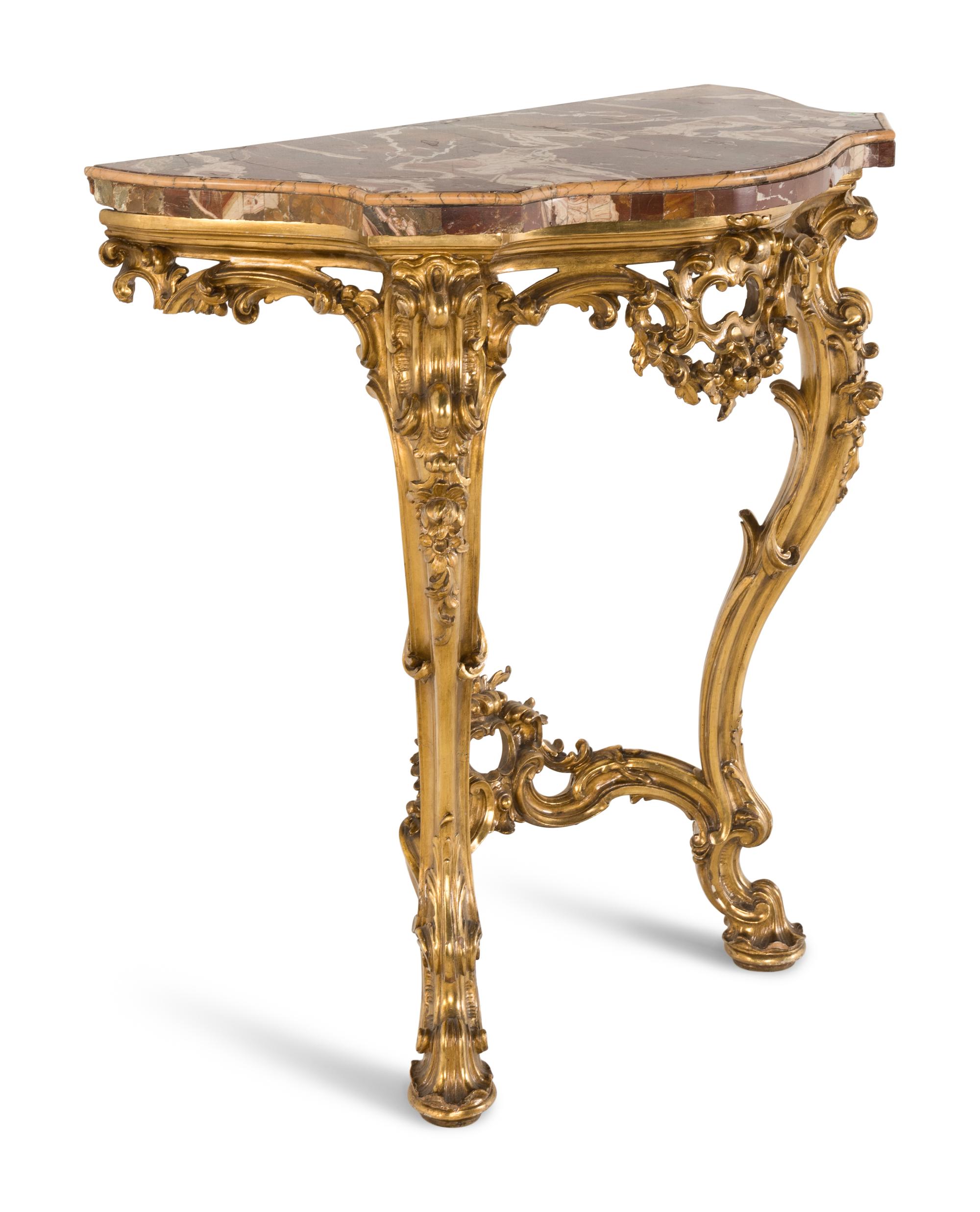 A Louis XV Style Giltwood and Sicilian Jasper Marble-Top Pier Table