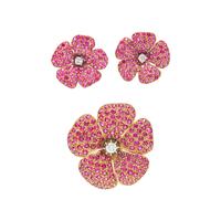YELLOW GOLD, SYNTHETIC RUBY, AND DIAMOND FLOWER DEMI PARURE