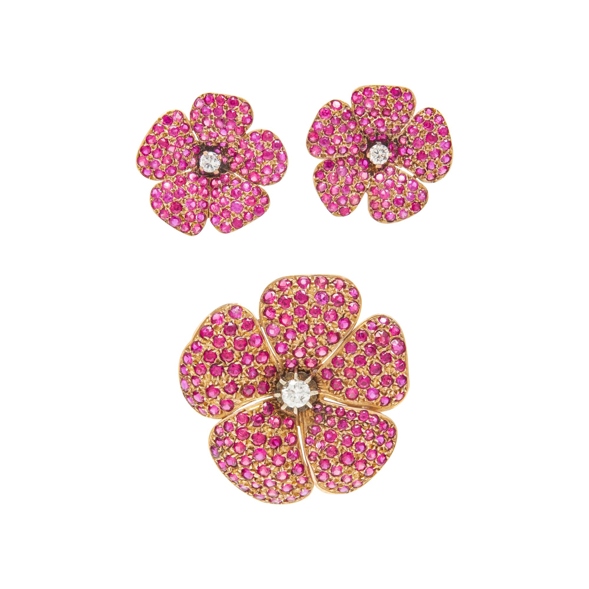 YELLOW GOLD, SYNTHETIC RUBY, AND DIAMOND FLOWER DEMI PARURE
