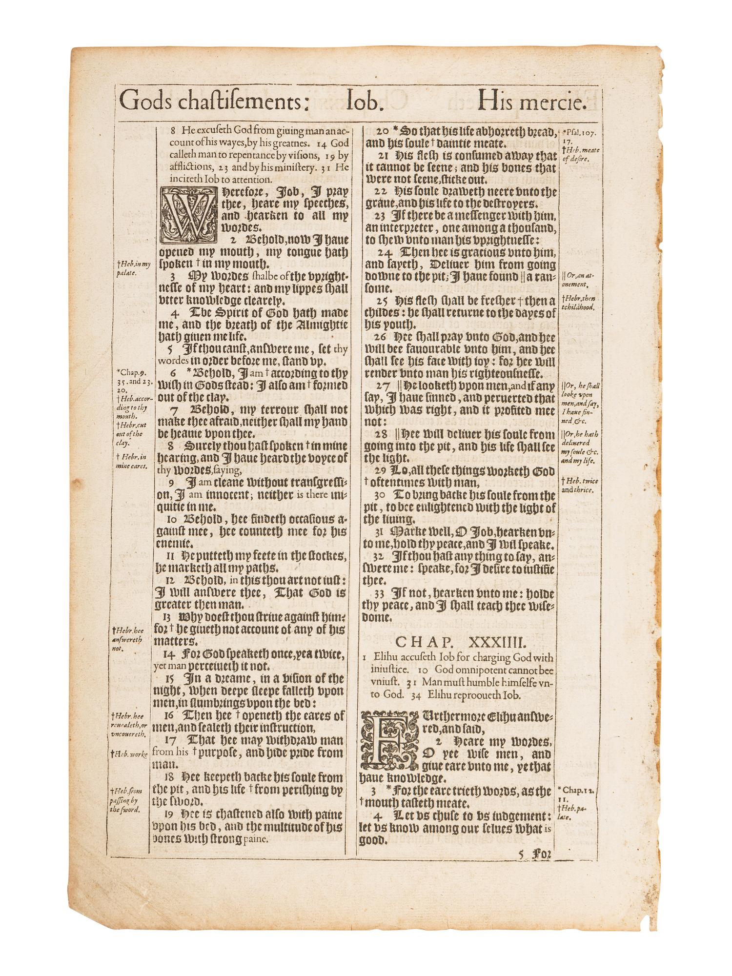 [LEAVES - BIBLE, in English]. Two consecutive leaves from The Holy Bible , King James' Pulpit version. [London: printed by Robert Barker,] 1611. FIRST EDITION.