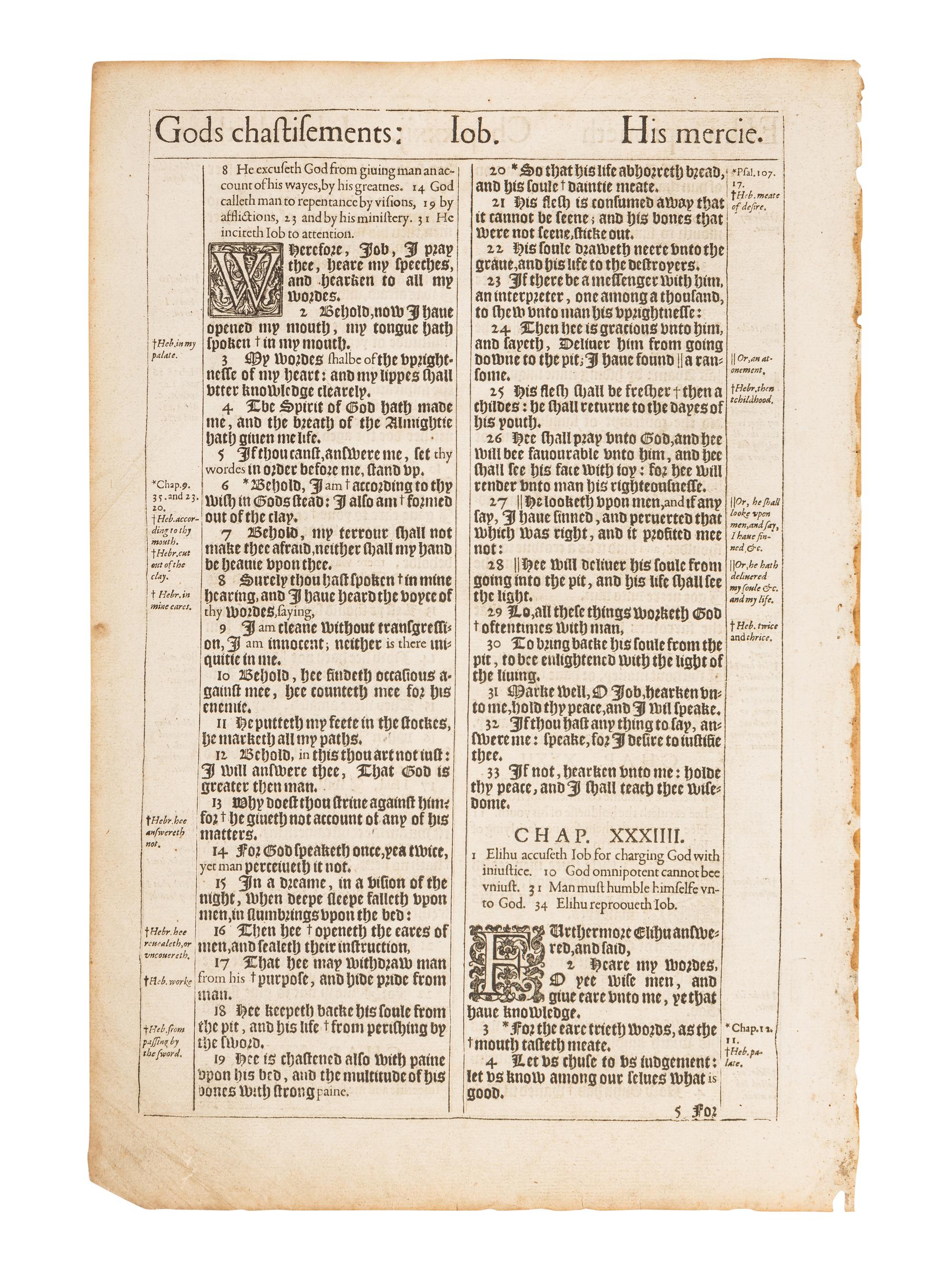 [LEAVES - BIBLE, in English]. Two consecutive leaves from The Holy Bible , King James' Pulpit version. [London: printed by Robert Barker,] 1611. FIRST EDITION.