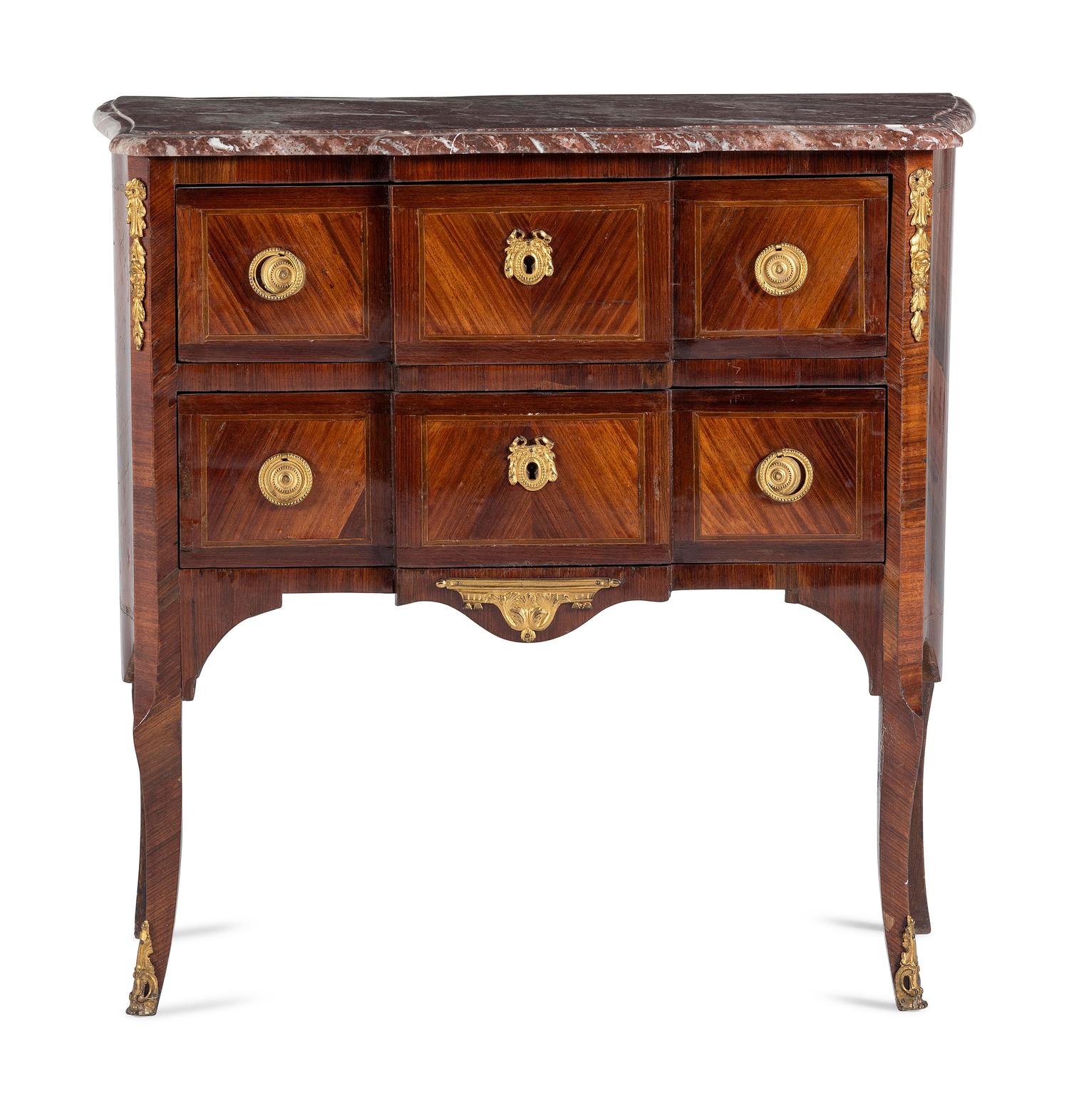 A Louis XV / XVI Transitional Style Parquetry Marble-Top Commode