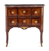 A Louis XV / XVI Transitional Style Parquetry Marble-Top Commode