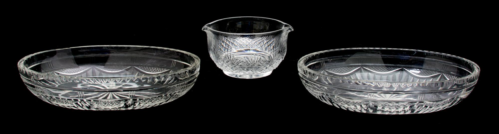 Three Cut Glass Bowls Length of largest 10 1/4 inches.
