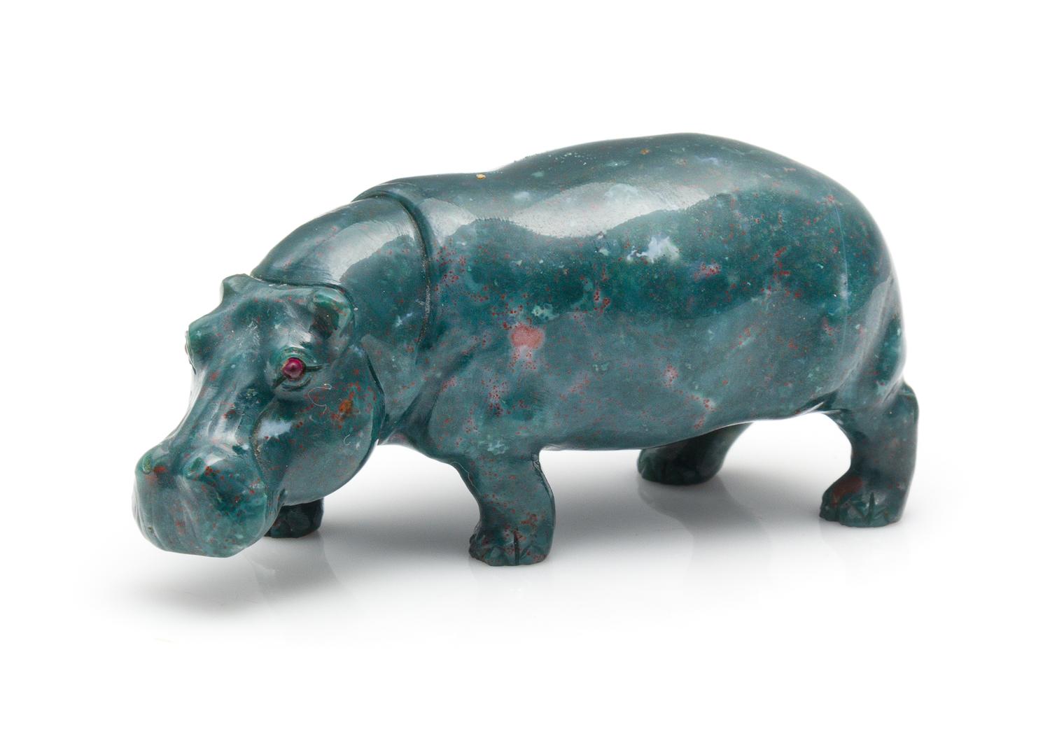 A Carved Green Chalcedony Figure, Possibly Russian, in the form of a hippopotamus.