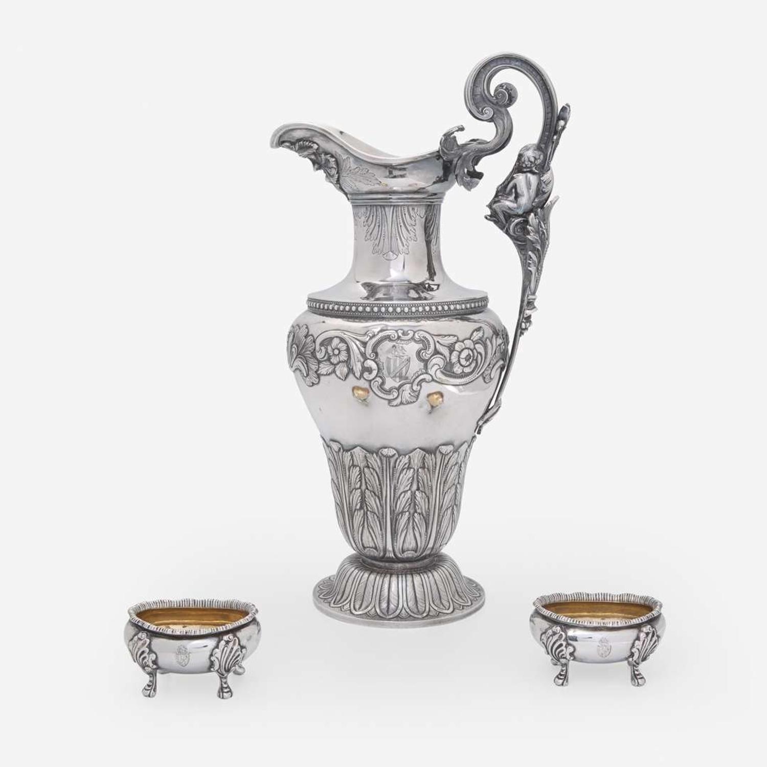 A silver water pitcher and two silver open salt cellars Taylor & Lawrie (active 1837-1862), retailed by Bailey & Kitchen (active 1833-1846), Philadelphia, circa 1840