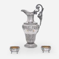 A silver water pitcher and two silver open salt cellars Taylor & Lawrie (active 1837-1862), retailed by Bailey & Kitchen (active 1833-1846), Philadelphia, circa 1840