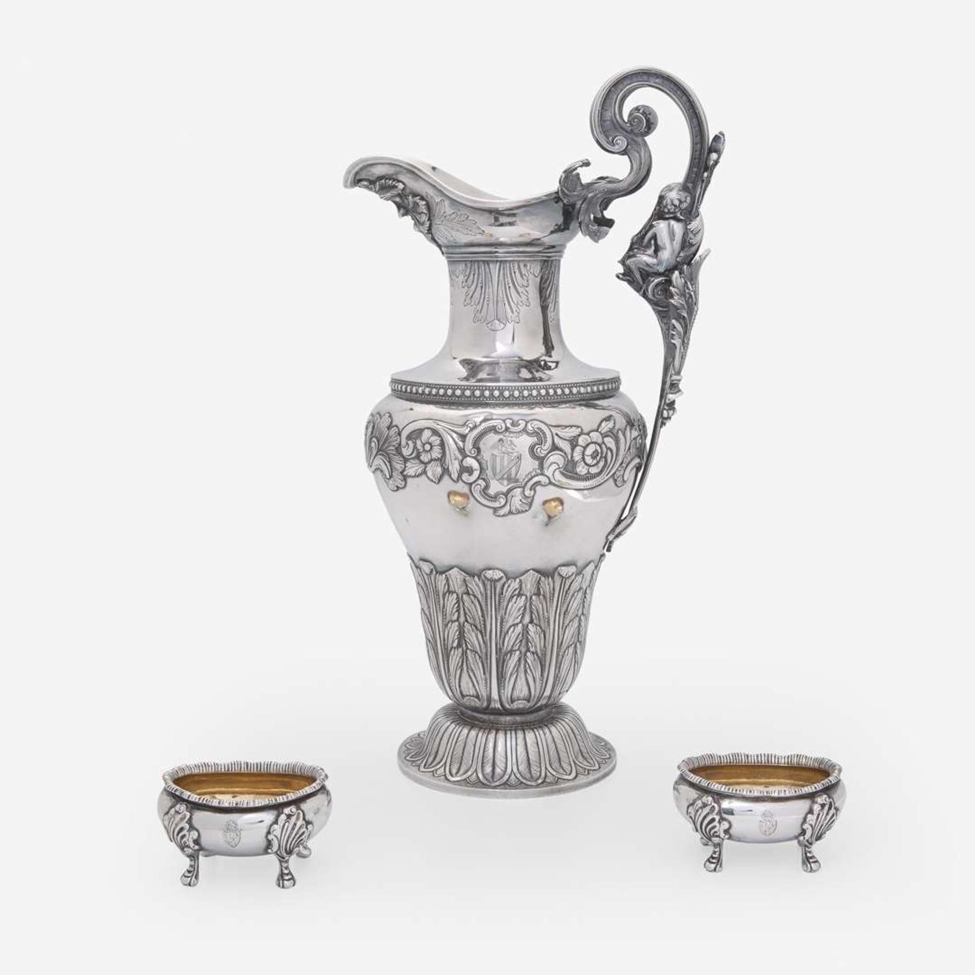 A silver water pitcher and two silver open salt cellars Taylor & Lawrie (active 1837-1862), retailed by Bailey & Kitchen (active 1833-1846), Philadelphia, circa 1840