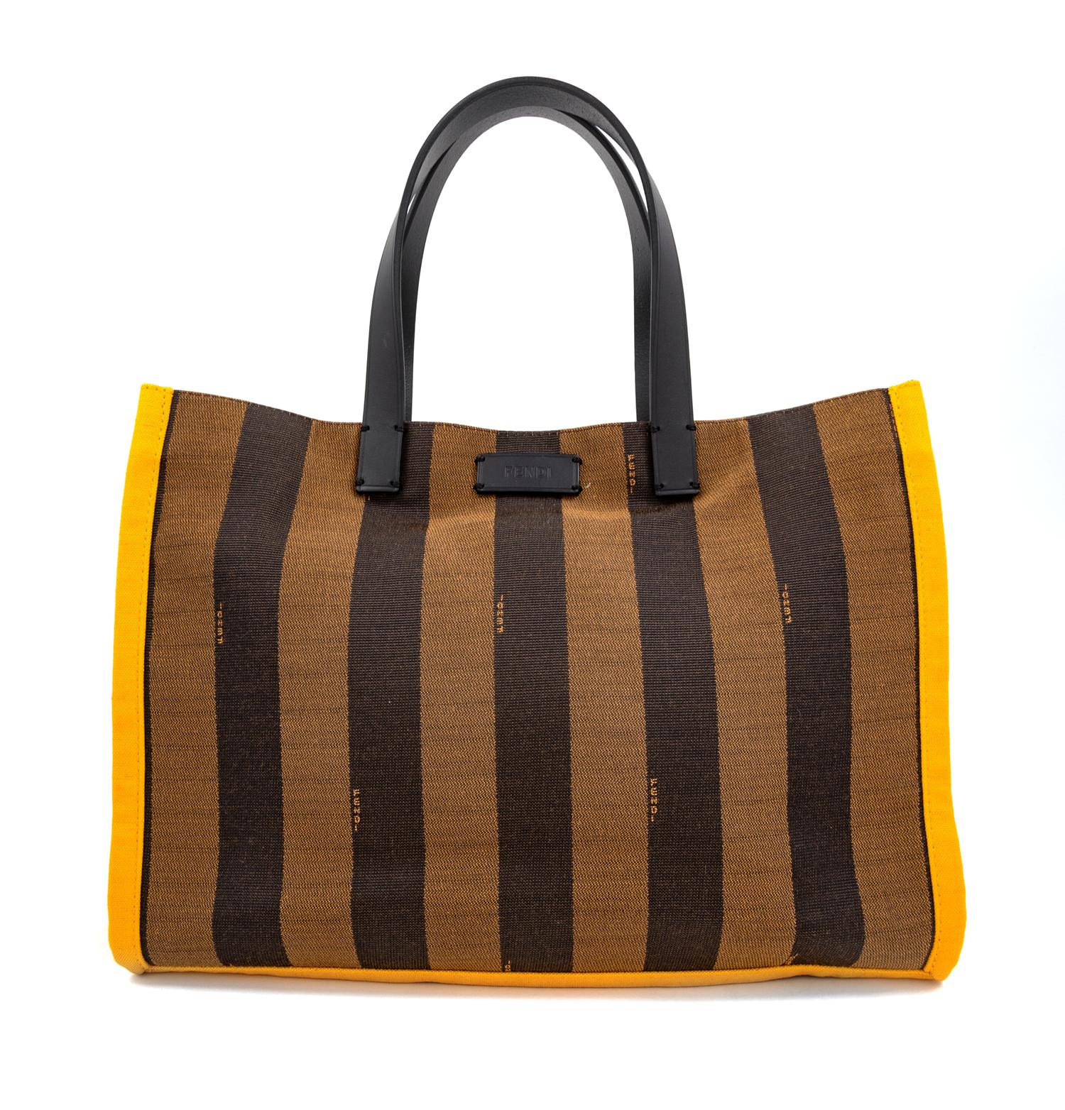 A Fendi Tobacco Canvas Striped Tote, 10.75" H x 14" W x 4.5" D; Handle drop: 5.75".