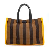 A Fendi Tobacco Canvas Striped Tote, 10.75" H x 14" W x 4.5" D; Handle drop: 5.75".