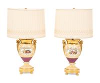 A Pair of Paris Porcelain Urns Mounted as Lamps