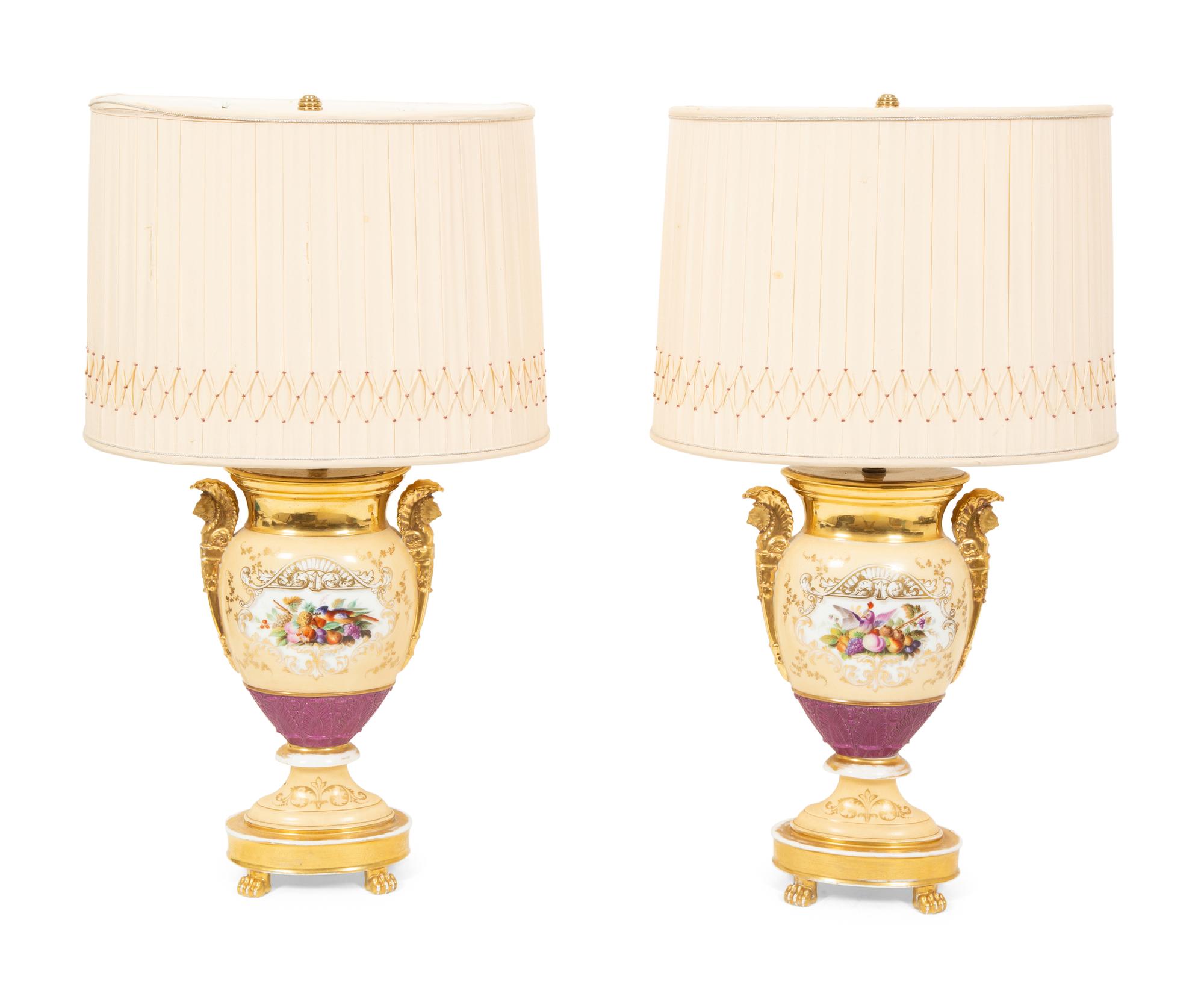 A Pair of Paris Porcelain Urns Mounted as Lamps