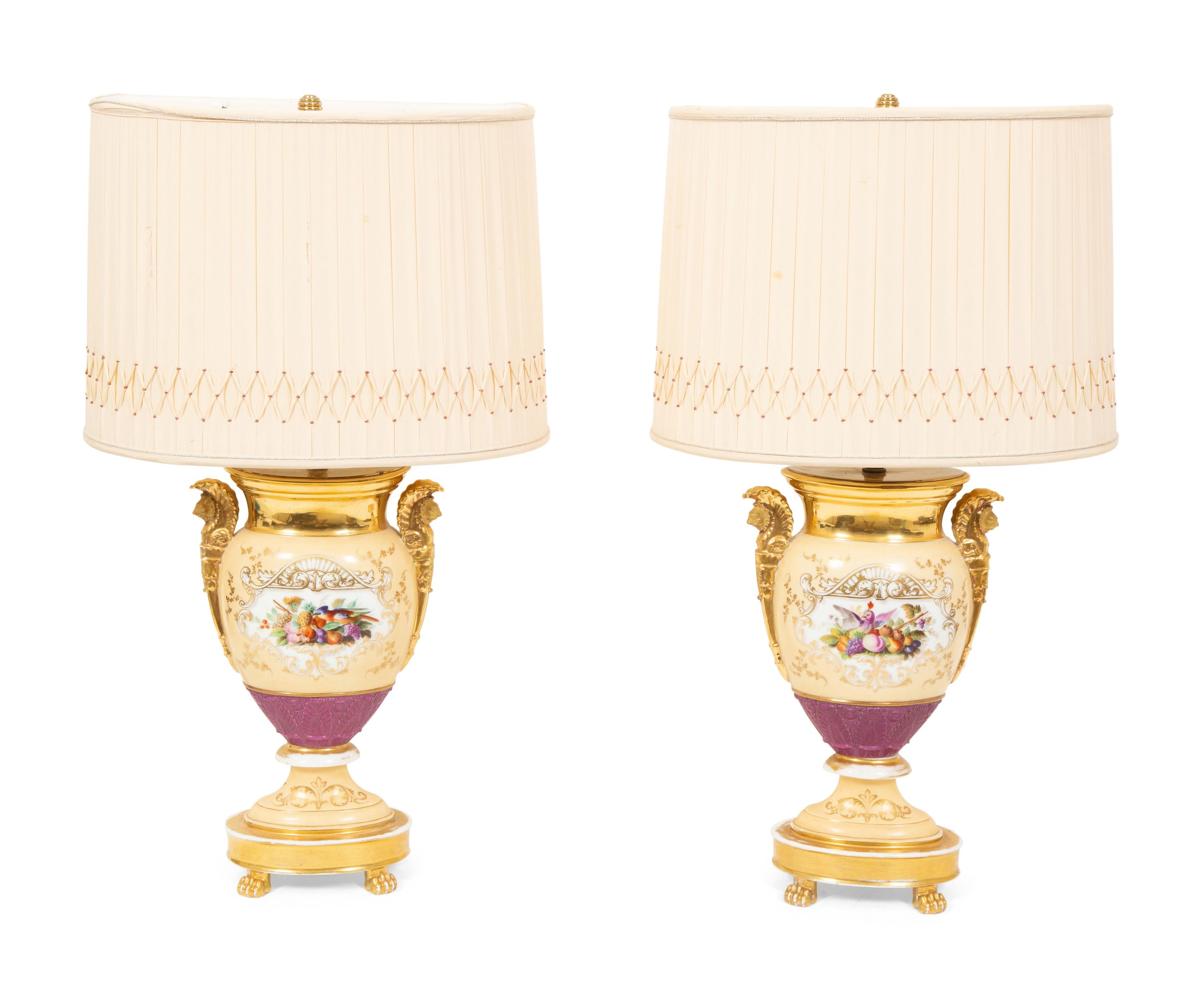 A Pair of Paris Porcelain Urns Mounted as Lamps
