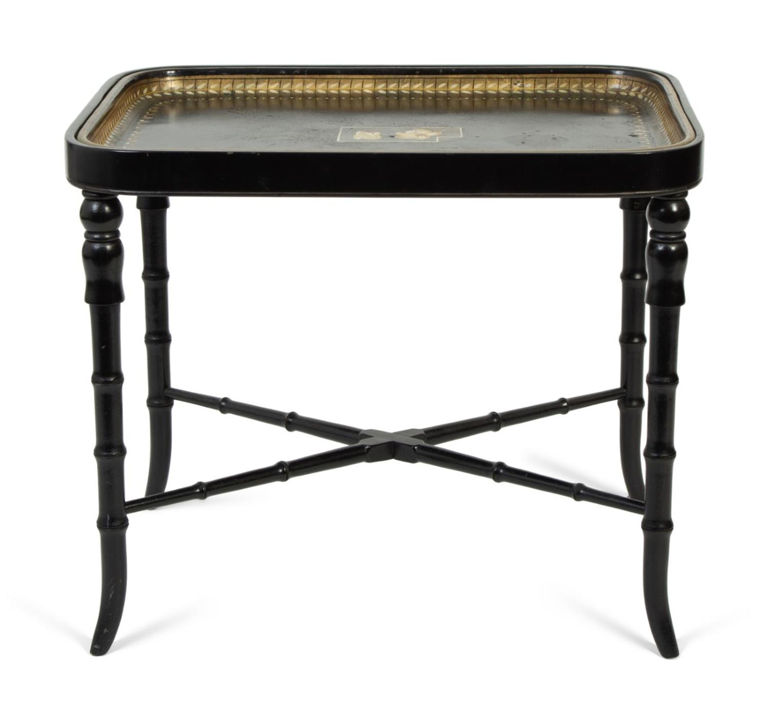 An English Painted Wood Tray Table on Faux Bamboo Stand — 20TH CENTURY