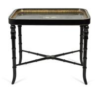 An English Painted Wood Tray Table on Faux Bamboo Stand — 20TH CENTURY