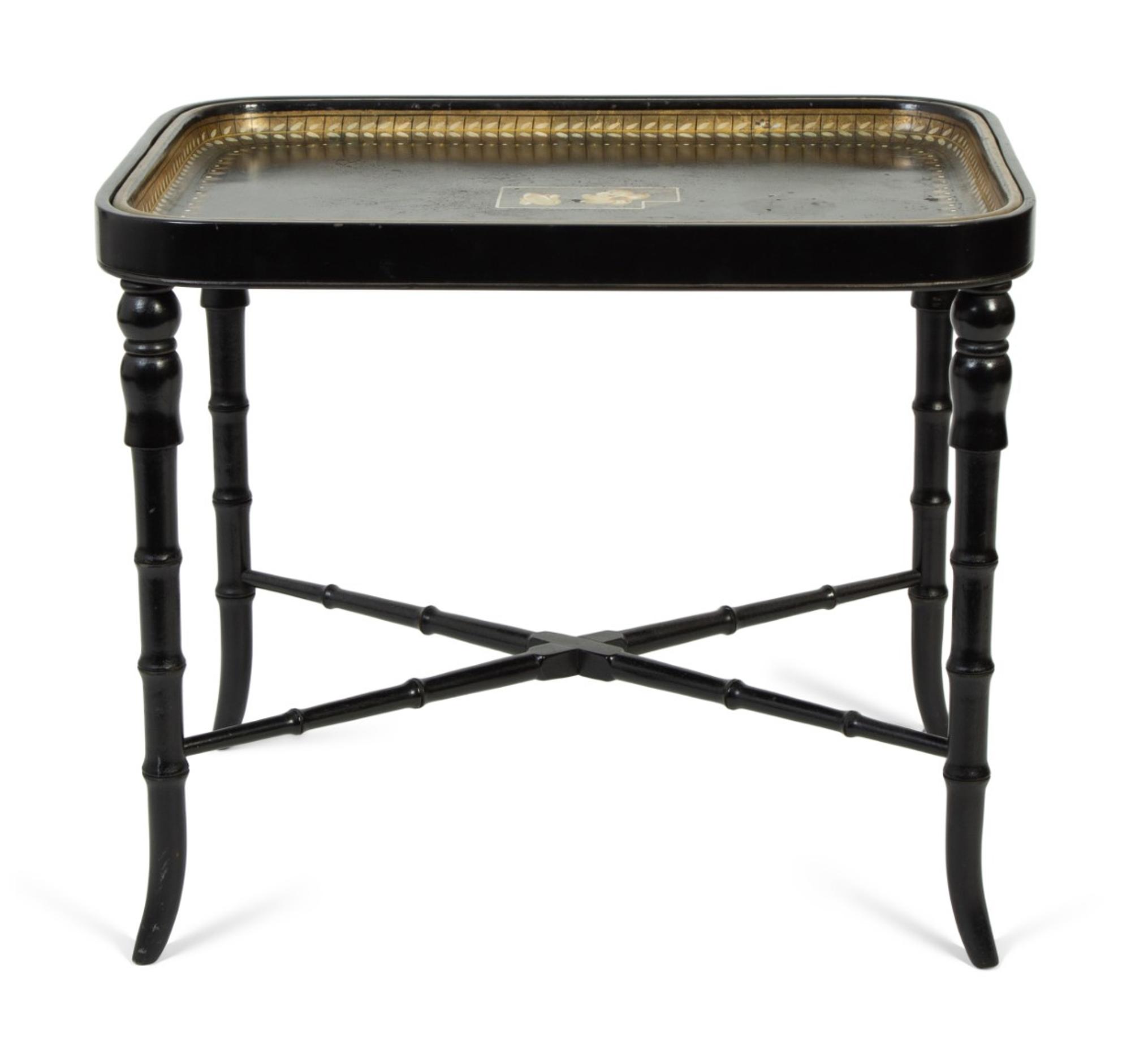 An English Painted Wood Tray Table on Faux Bamboo Stand — 20TH CENTURY