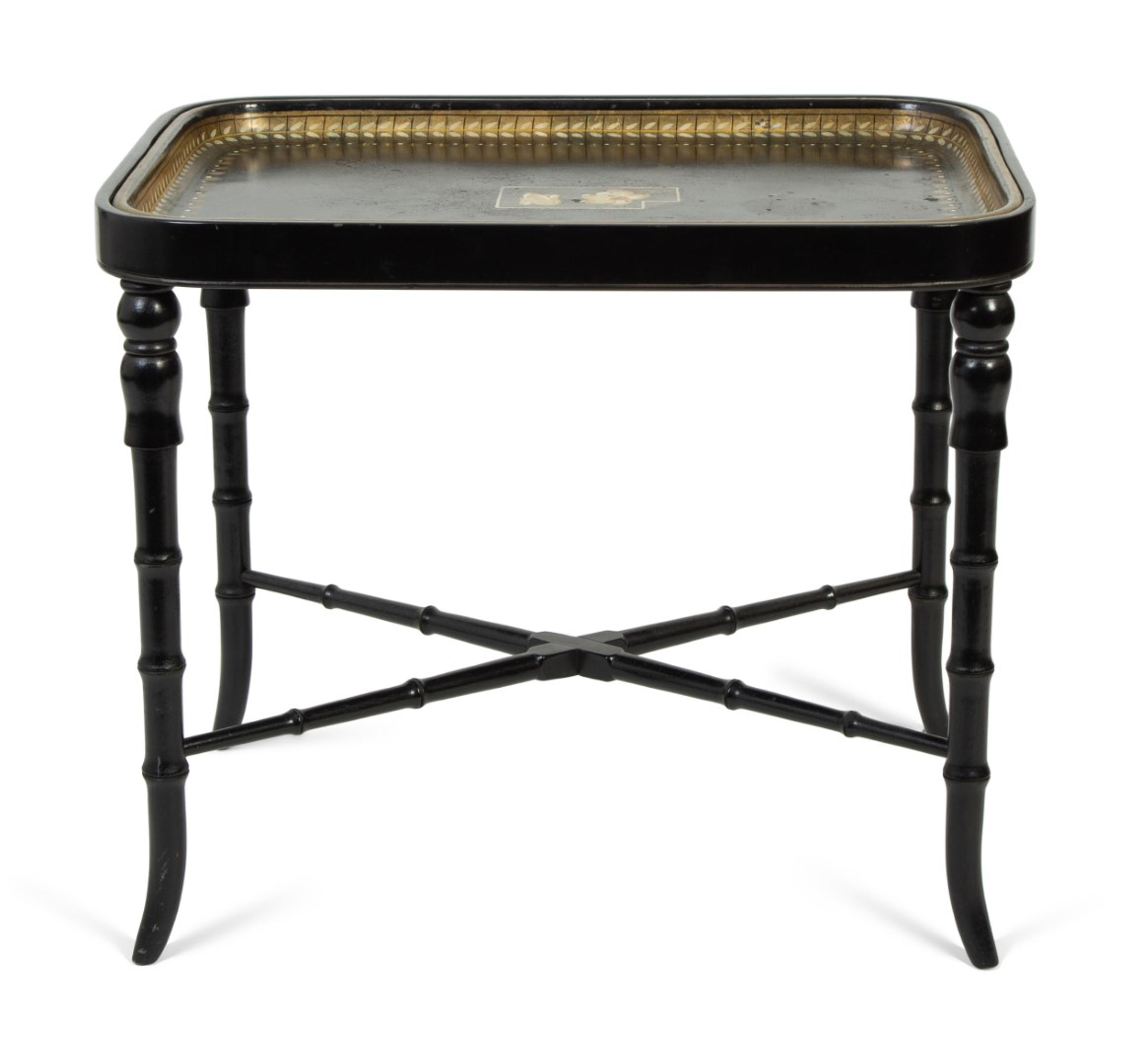 An English Painted Wood Tray Table on Faux Bamboo Stand — 20TH CENTURY