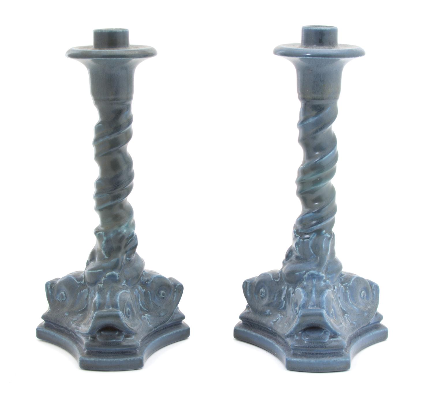 A Pair of Rookwood Pottery Candlesticks Height 11 3/4 inches. — 20TH CENTURY