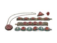 Six Chinese Carved Red Lacquer Inset Metal Jewelry