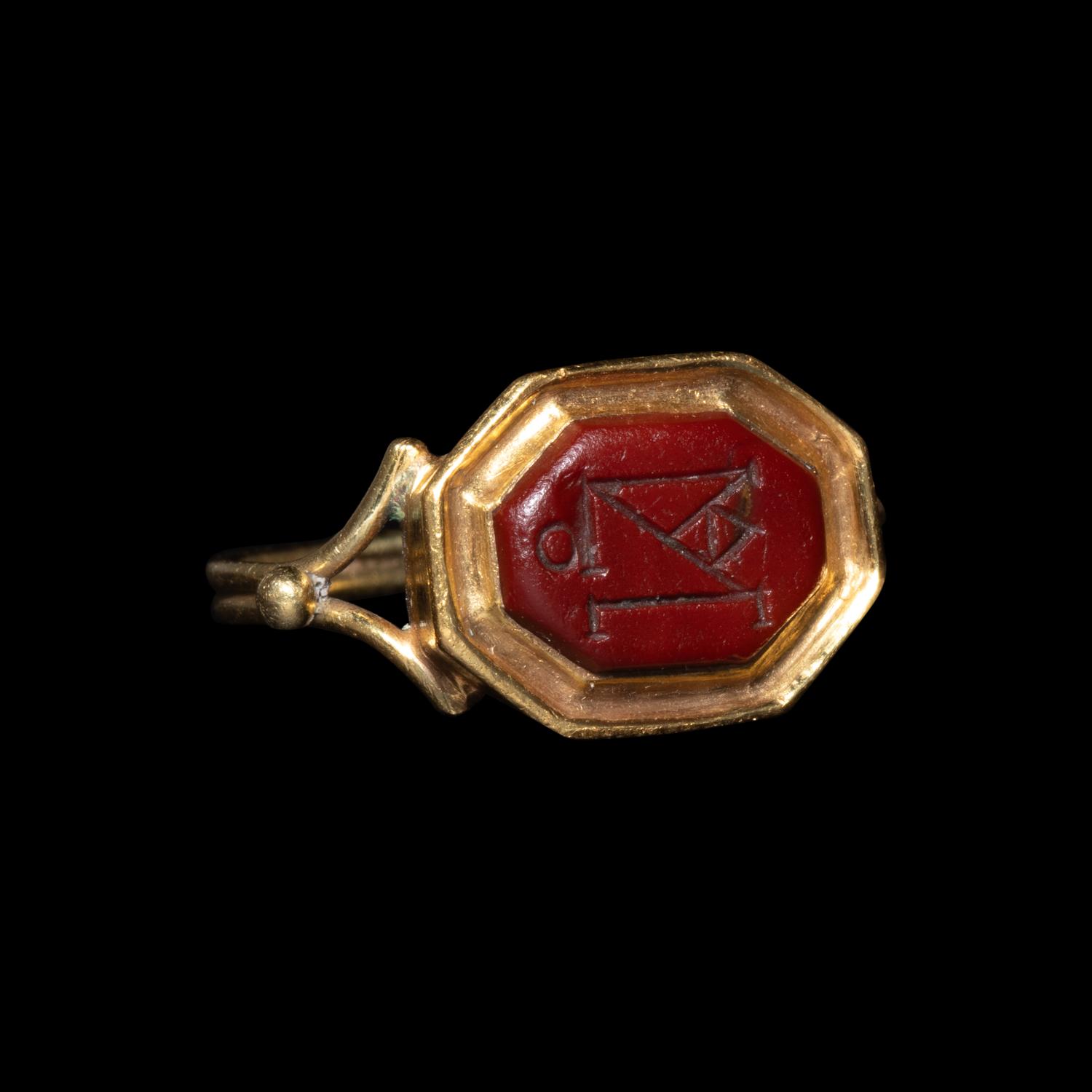 A Late Roman or Byzantine Red Jasper Intaglio with a Monogram — Set in a 19th Century gold ring