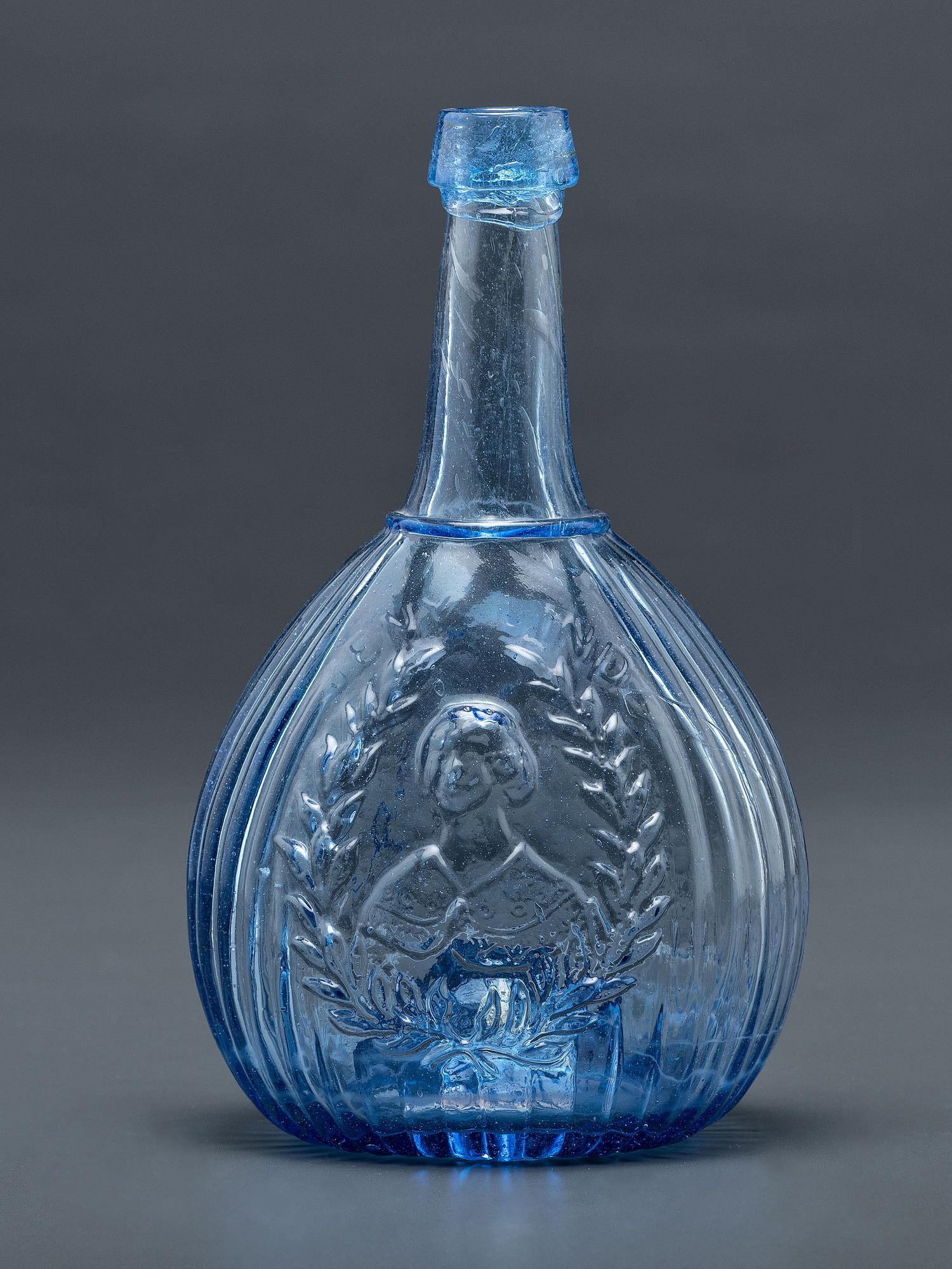 A Molded-Glass New Calabash Bottle in Blue by Whitney Glass Works, Glassboro, New Jersey