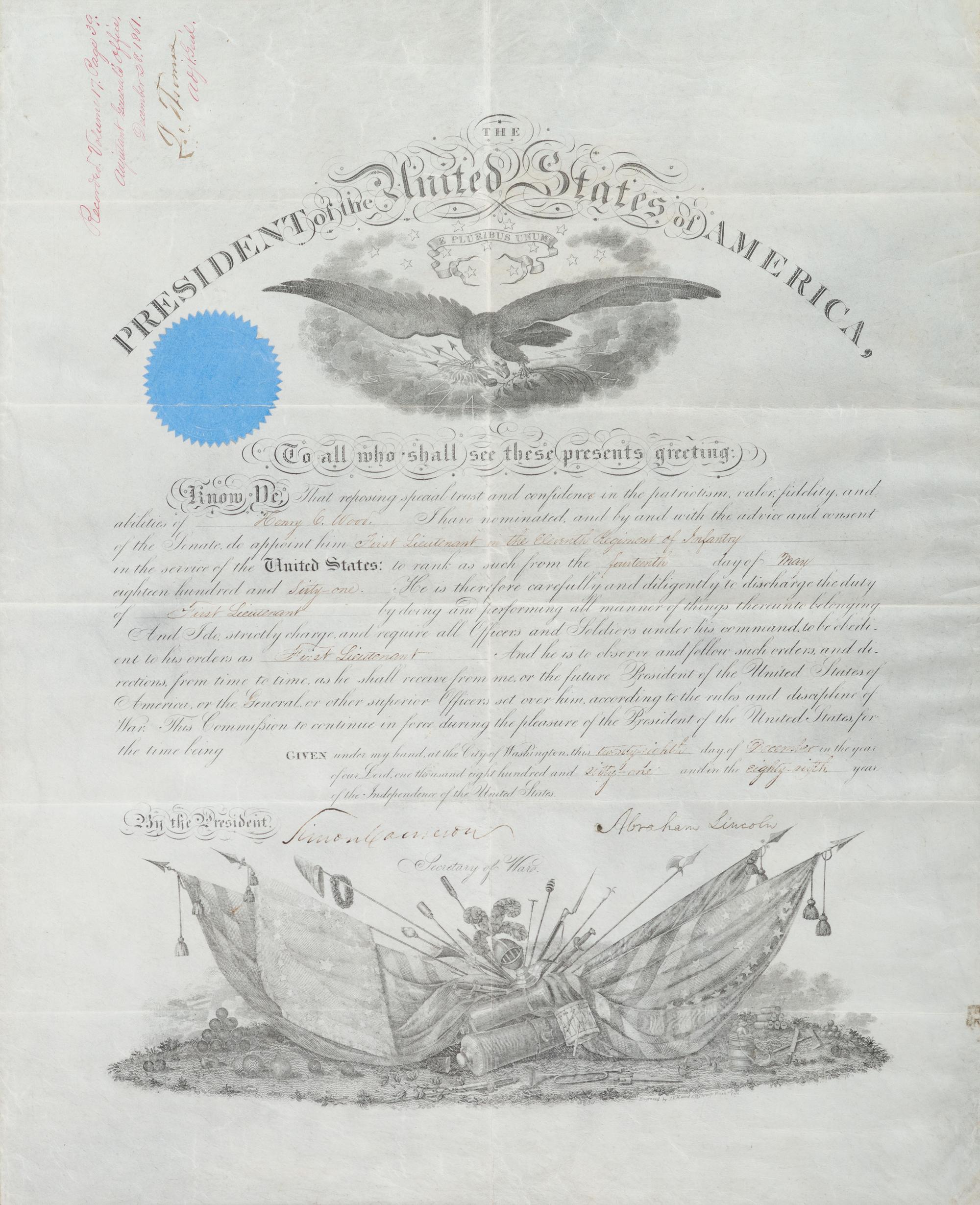 LINCOLN, Abraham (1809-1865). Partly printed appointment signed ("Abraham Lincoln"), as President of the United States. Washington, D.C., 28 December 1861.